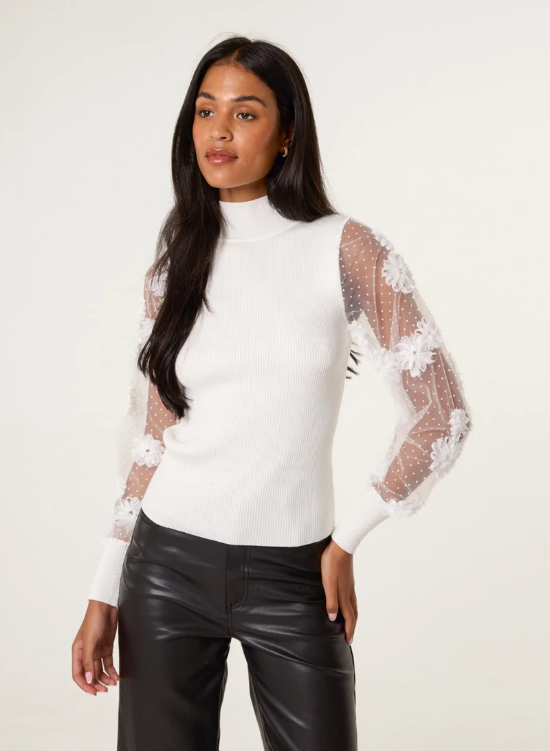 بلو فانيلا Turtle Neck Jumper With Mesh Polka Dot And Flower Detailed Sleeve